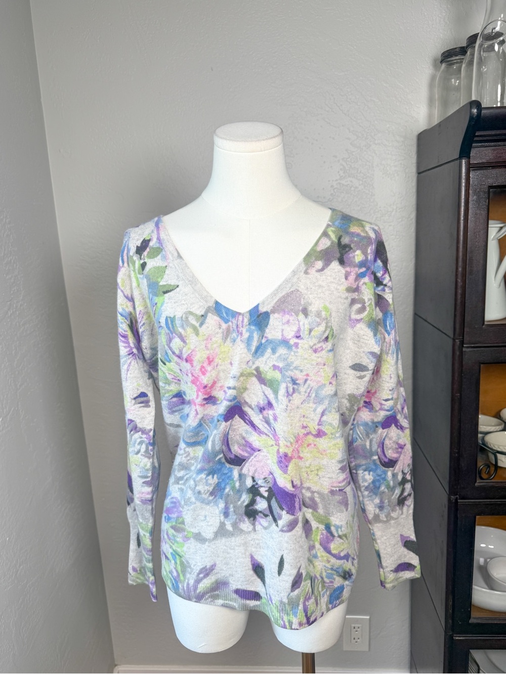 Pure Collection 100% Cashmere Floral V Neck Sweater Multicolor Size US 4 UK 10
